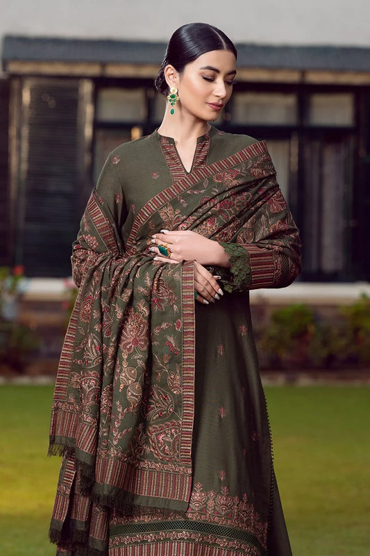 Zarashahjahan_3pc EMbroidered dhanak shirt & trouser with dhanak embroidered shawl Unstiched