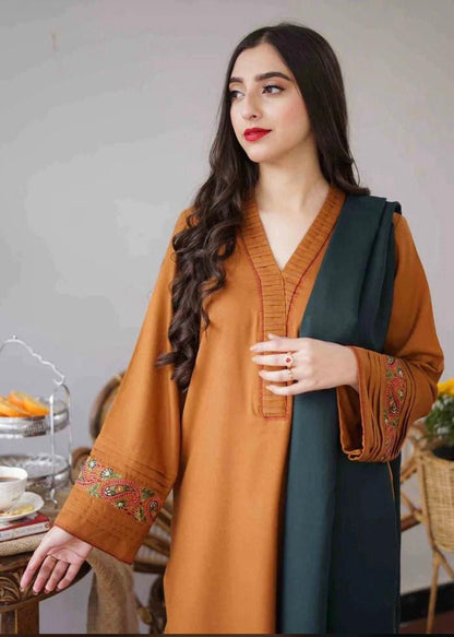 Fcc-476 (musturd Dhanak) Embroidered three piece With Dhanak Duppata