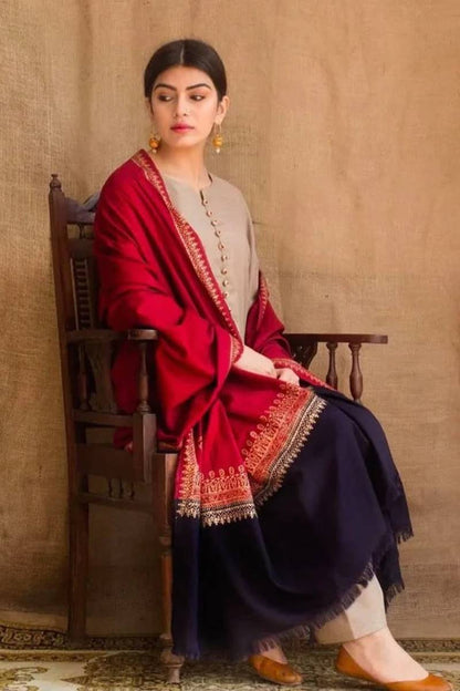 NC-452 SKIN-GREY Dhanak Embroidered three piece With Dhanak Shawl Unstiched