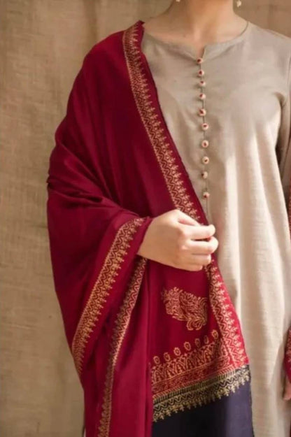 NC-452 SKIN-GREY Dhanak Embroidered three piece With Dhanak Shawl Unstiched