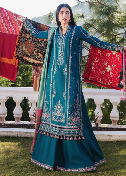 HUSSAIN REHAN-Embroidered three peice suite and sleeves embroidered & printed wool shawl unstiched