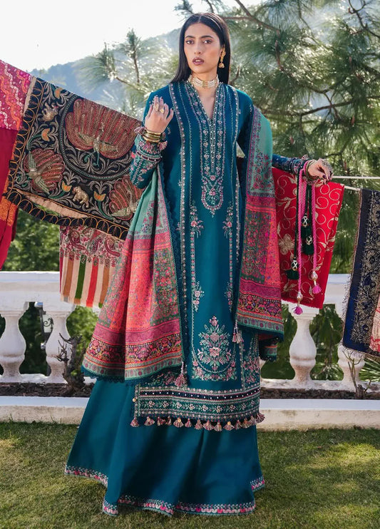 HUSSAIN REHAN-Embroidered three peice suite and sleeves embroidered & printed wool shawl unstiched