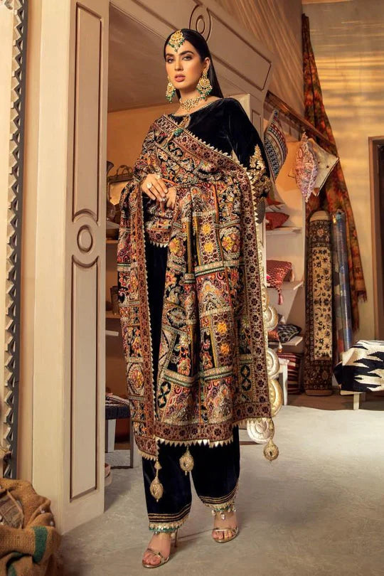 FCC ZC-115 Black Embroidered Velvet Three piece With Karandi Shawl  Winter Collection