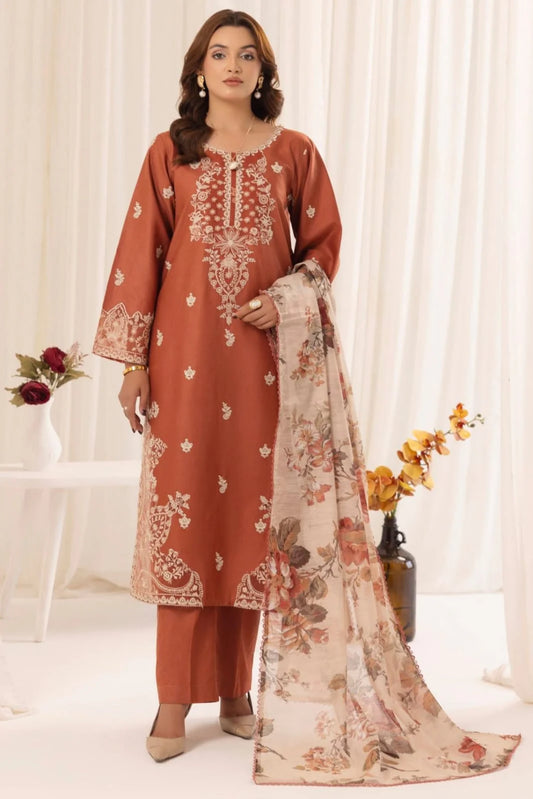 3PC DHANAK UNSTICHED EMBROIDERED - QALAMQAR
